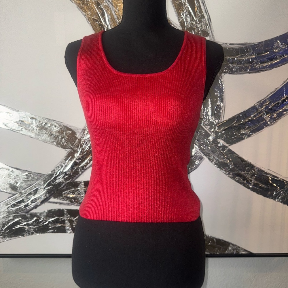 She + Sky Metallic Red Ribbed Tank Top